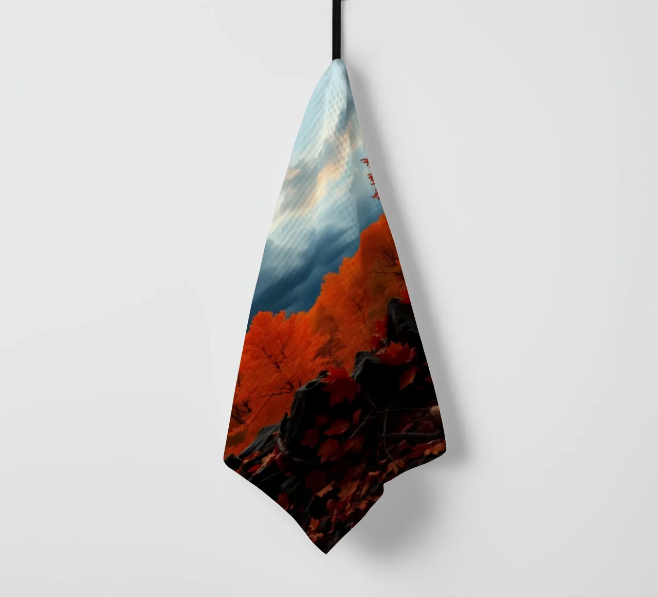 fall foliage transforms forest landscape with dramatic cloud tea towel by DesignDoodle
