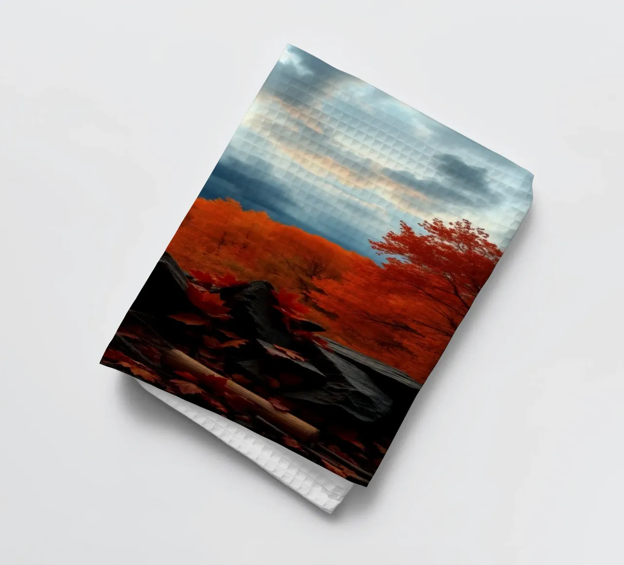 fall foliage transforms forest landscape with dramatic cloud tea towel by DesignDoodle