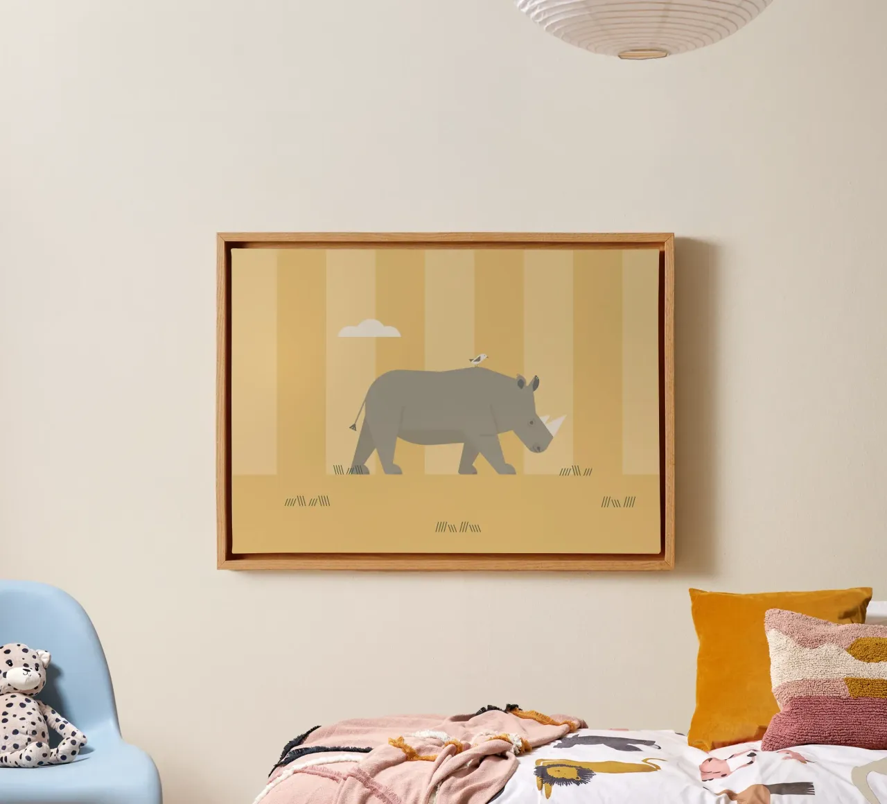 Rhinozeros in der Savanne Leinwand mit Schattenfugenrahmen von Carolin Vonhoff