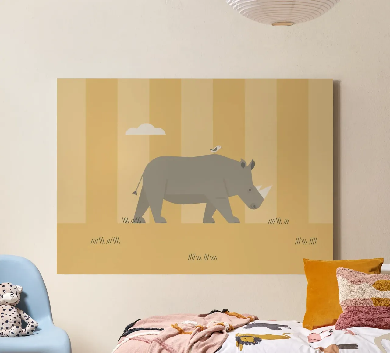Rhinozeros in der Savanne Leinwand mit Schattenfugenrahmen von Carolin Vonhoff