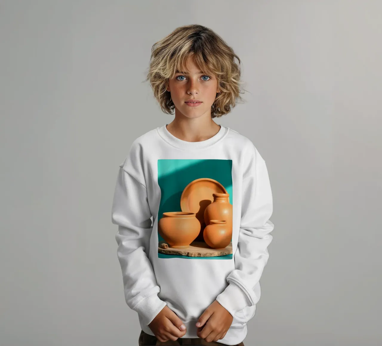 Pentole e piatti di terracotta disposti su un piatto di legno felpa bambino da DesignDoodle