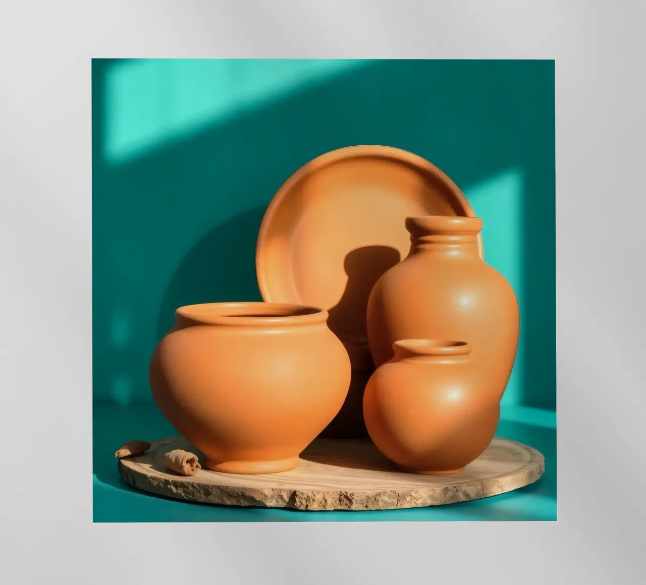 Pentole e piatti di terracotta disposti su un piatto di legno pellicola backlit da DesignDoodle