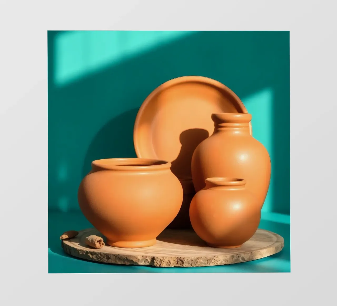 Pentole e piatti di terracotta disposti su un piatto di legno telo in pvc da DesignDoodle
