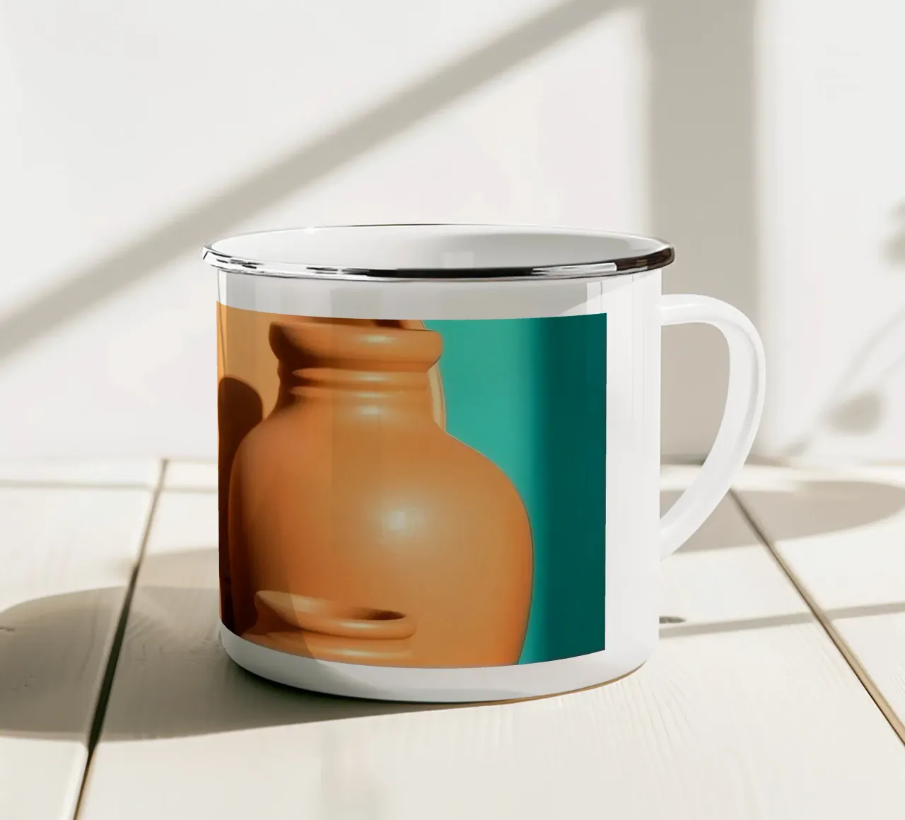 Pentole e piatti di terracotta disposti su un piatto di legno tazza in smalto da DesignDoodle