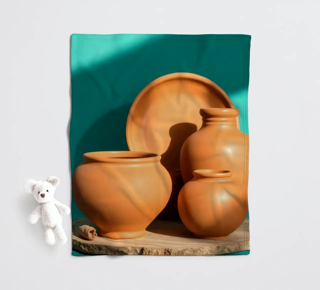 Pentole e piatti di terracotta disposti su un piatto di legno coperta in pile da DesignDoodle