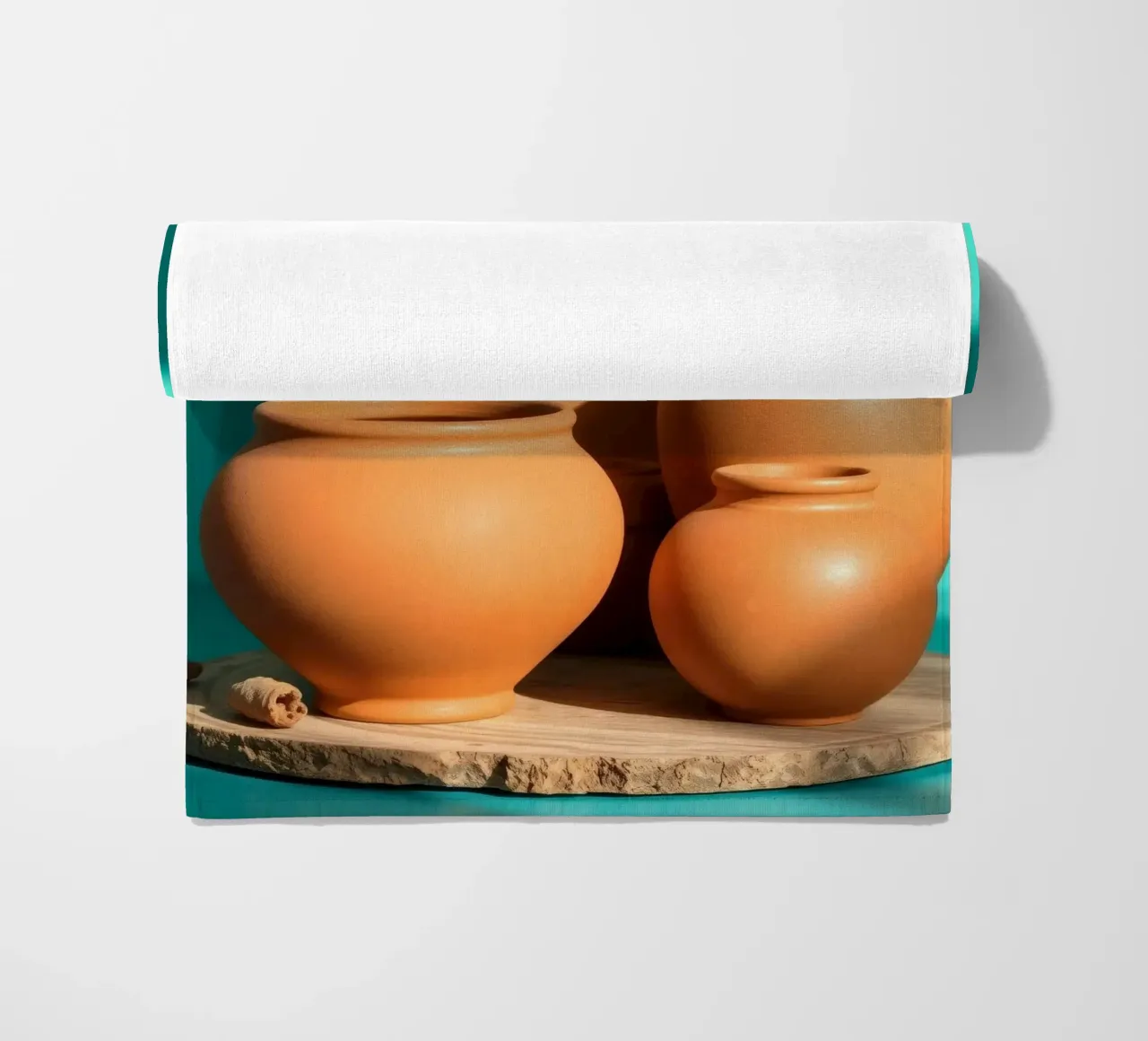 Pentole e piatti di terracotta disposti su un piatto di legno telo mare da DesignDoodle