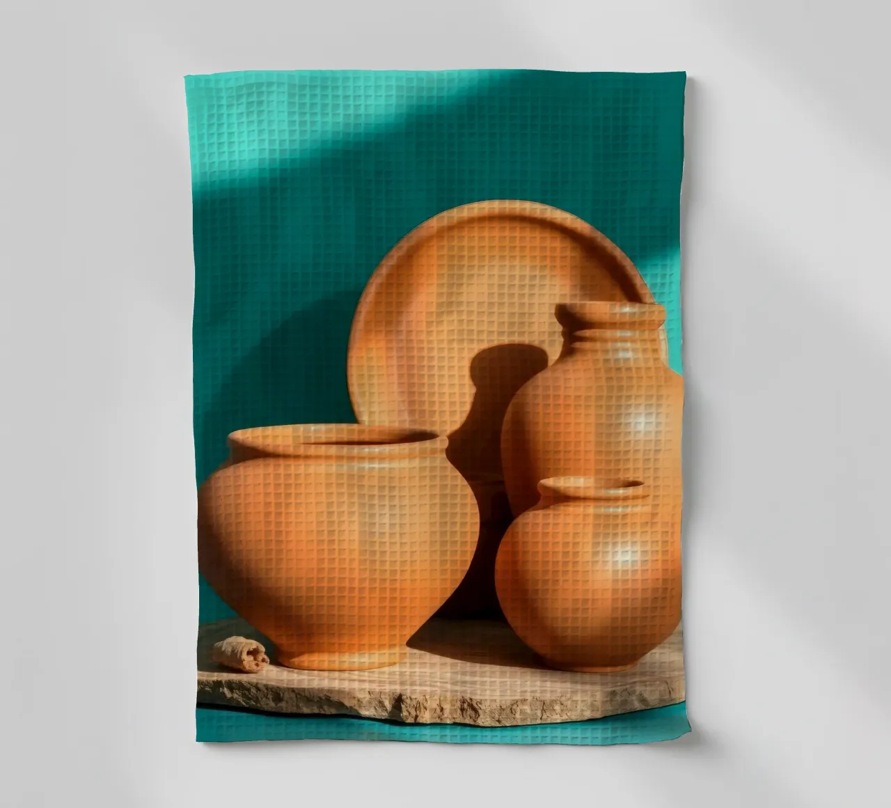 Pentole e piatti di terracotta disposti su un piatto di legno canovaccio da cucina da DesignDoodle
