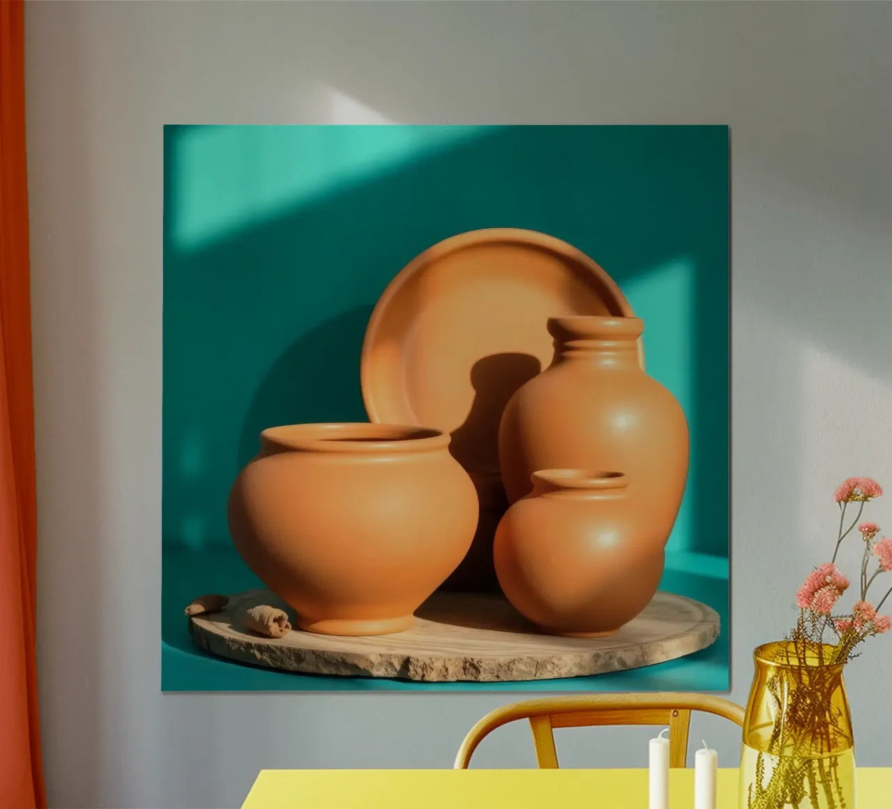 Pentole e piatti di terracotta disposti su un piatto di legno carta hahnemühle da DesignDoodle