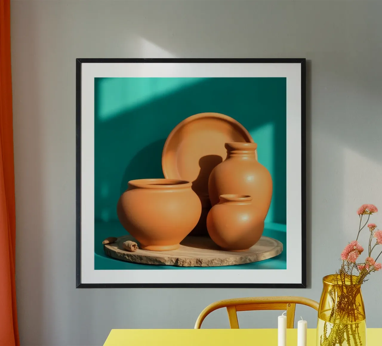 Pentole e piatti di terracotta disposti su un piatto di legno carta hahnemühle da DesignDoodle