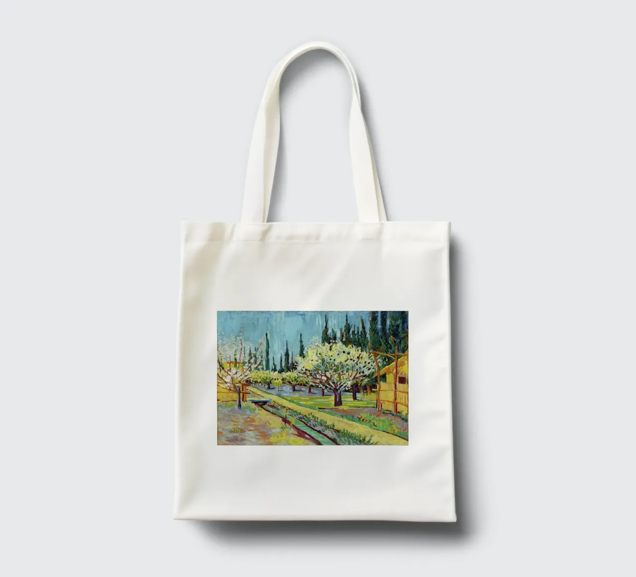 Vincent van Gogh – Orchard Bordered by Cypresses (1888) tote bag by Van Gogh Prints