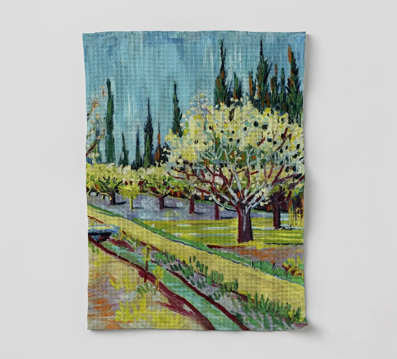 Vincent van Gogh – Orchard Bordered by Cypresses (1888) tea towel by Van Gogh Prints