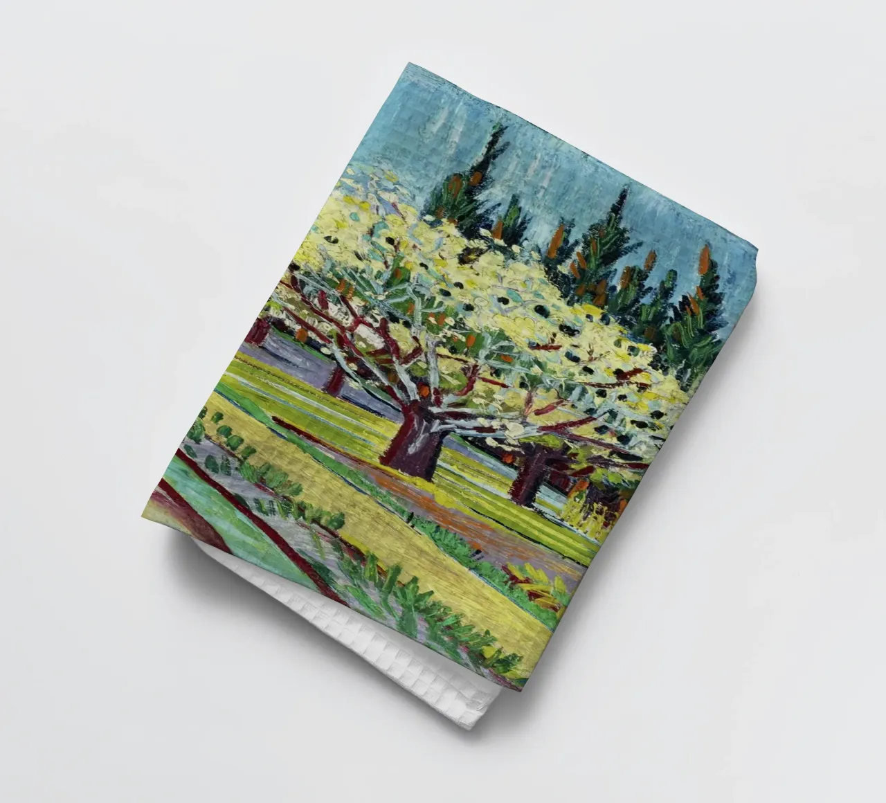 Vincent van Gogh – Orchard Bordered by Cypresses (1888) tea towel by Van Gogh Prints