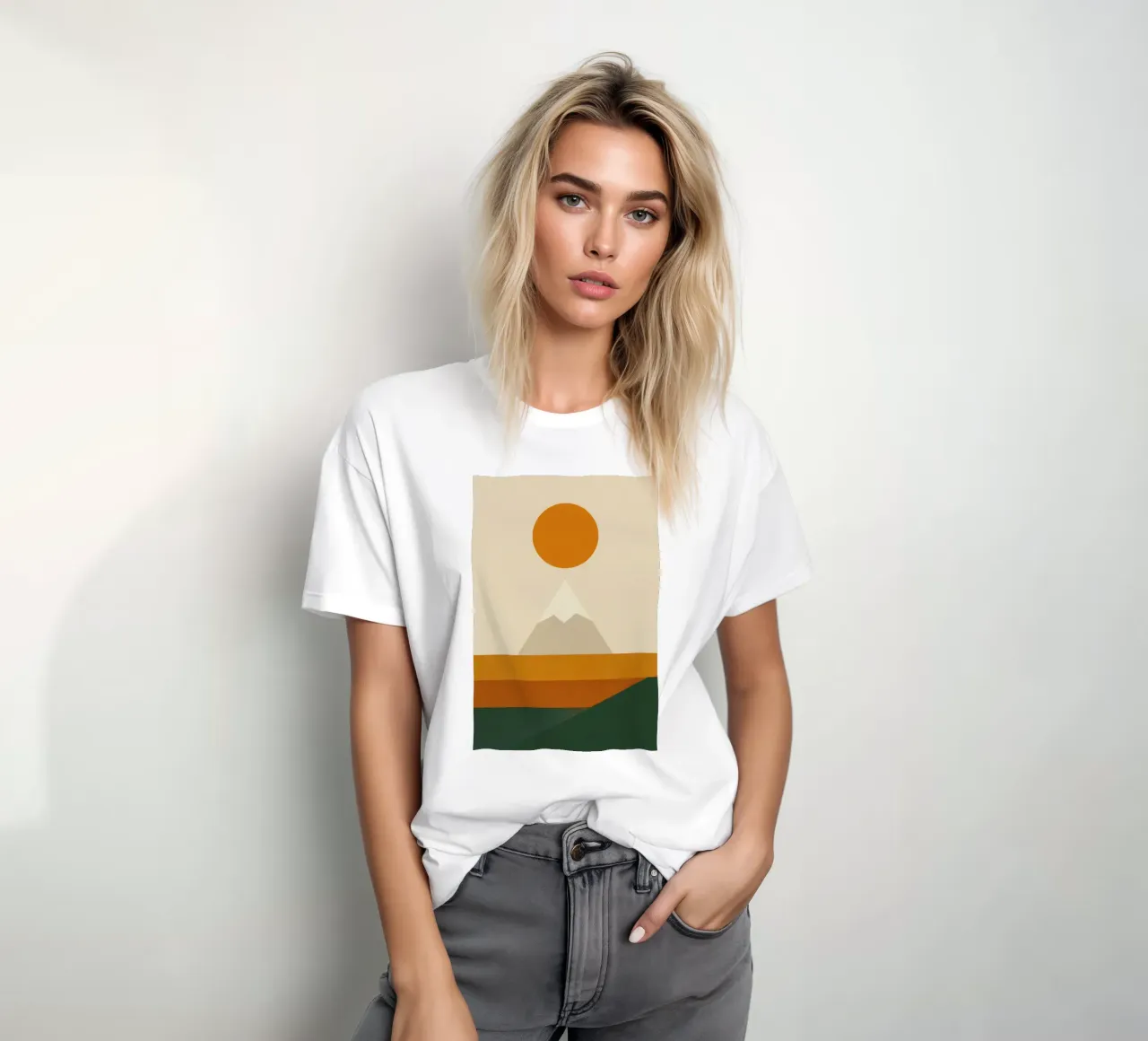Fuji - Sole ocra su silenzio beige t-shirt da Affiches Soleil & Déco Lumineuse – Sunny