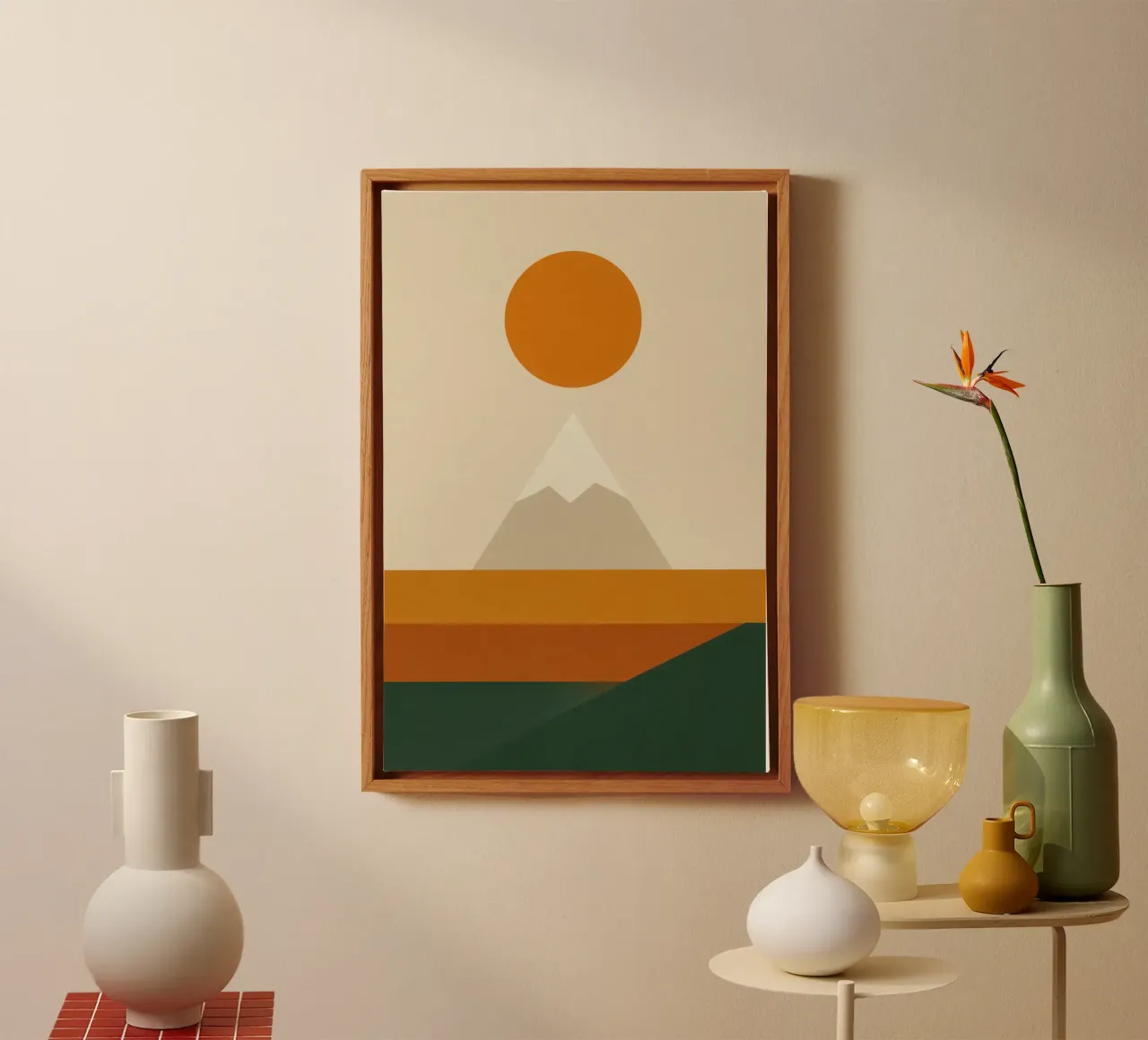 Fuji - Sole ocra su silenzio beige tela con Cornice a cassetta da Affiches Soleil & Déco Lumineuse – Sunny