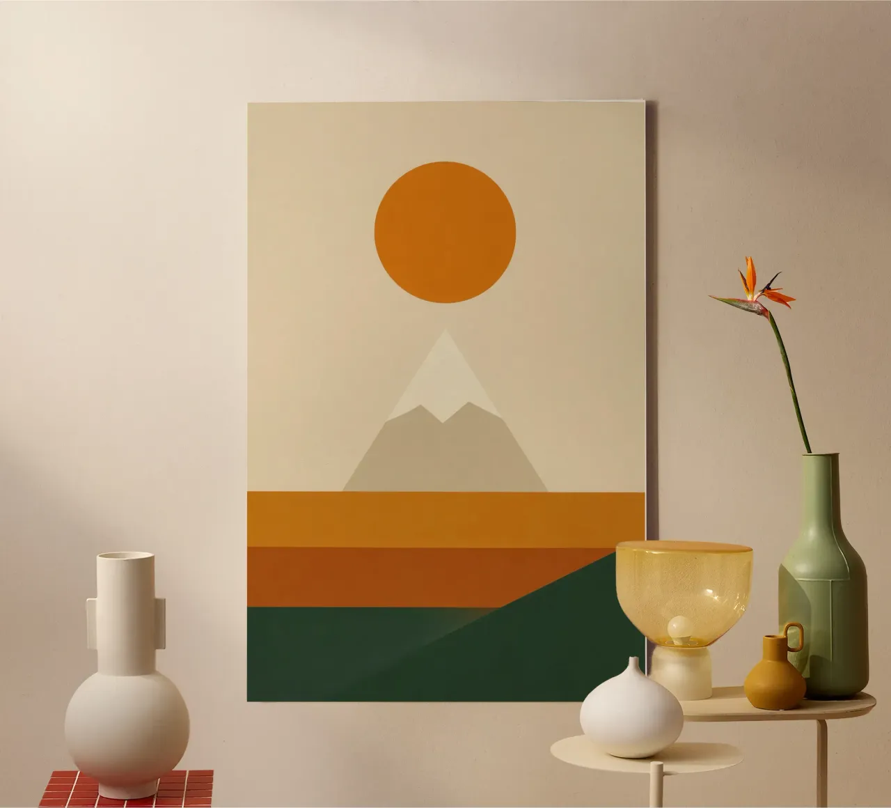 Fuji - Sole ocra su silenzio beige tela con Cornice a cassetta da Affiches Soleil & Déco Lumineuse – Sunny