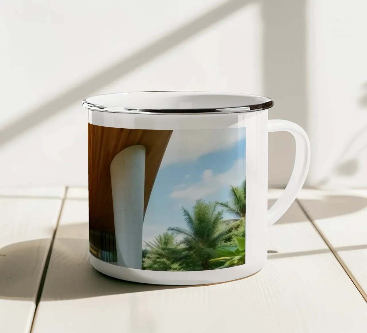 Conception architecturale moderne avec des courbes prononcées mug en émail de DesignDoodle