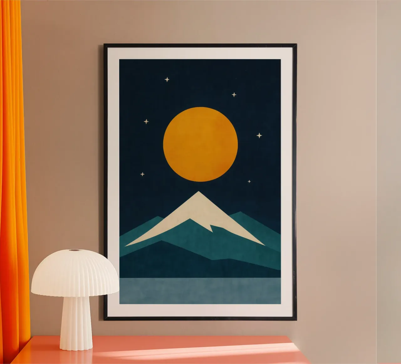 Fuji - Grafische nacht bij maanlicht poster van Affiches Soleil & Déco Lumineuse – Sunny