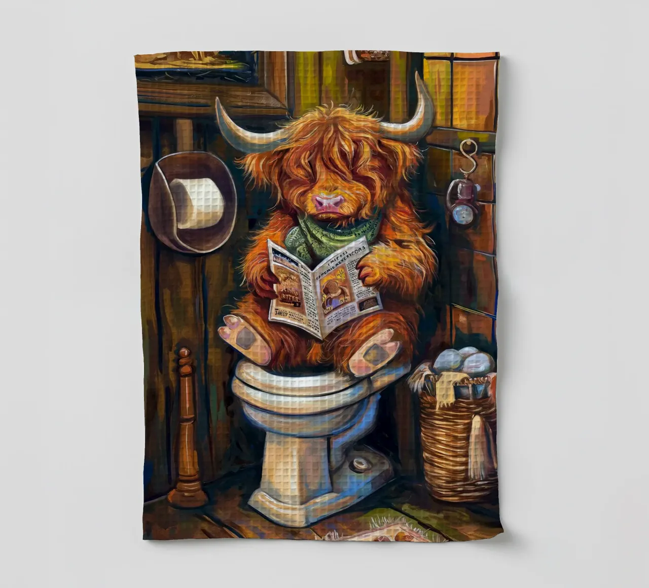 Vache des Highlands lisant un magazine dans les toilettes torchon de Fleur de Lys