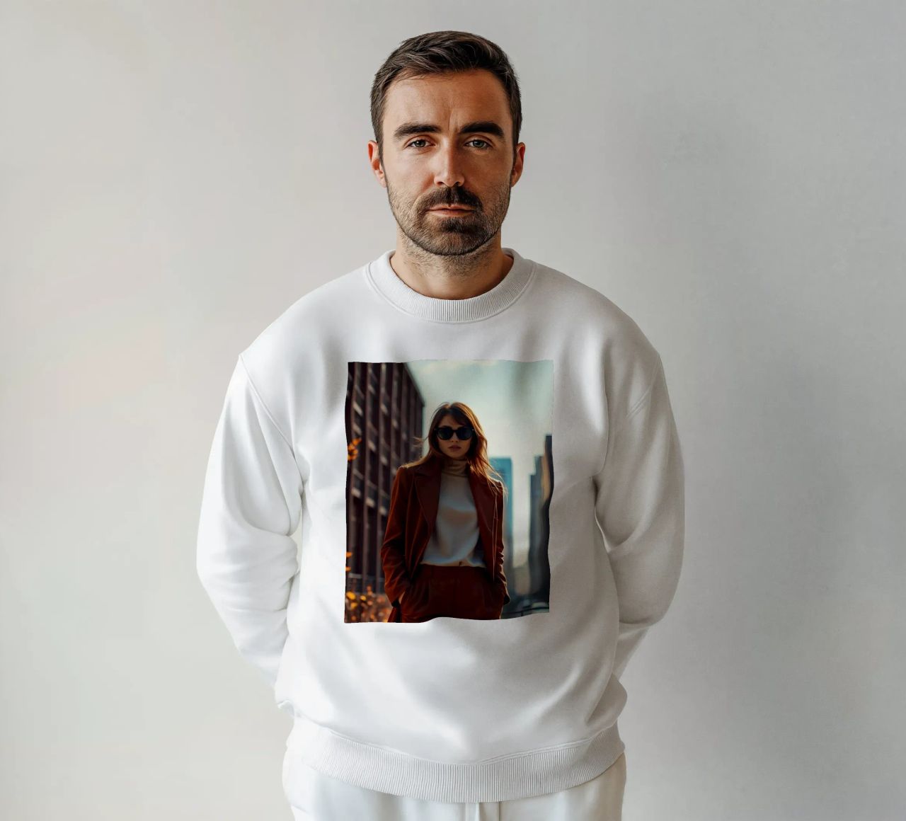 Stilvolle Frau in braunem Outfit steht selbstbewusst Sweatshirt von DesignDoodle