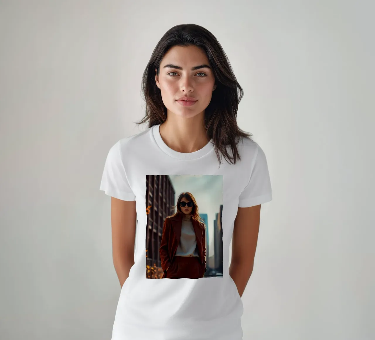 Stylish woman in brown outfit stands confidently t-shirt by DesignDoodle