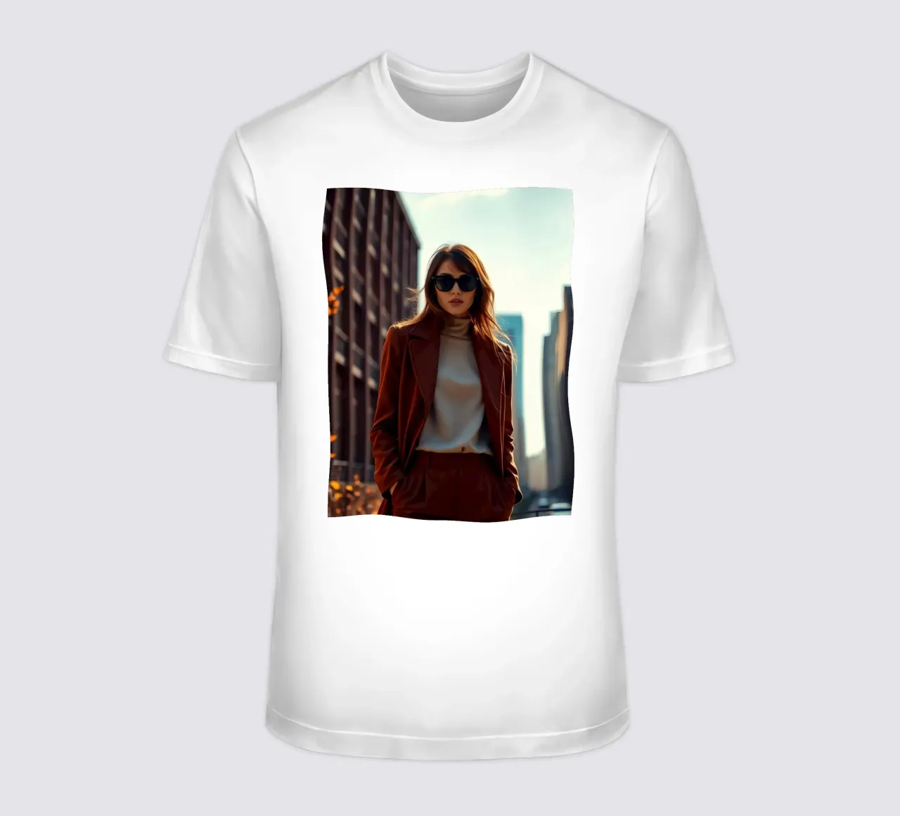 Stylish woman in brown outfit stands confidently t-shirt by DesignDoodle