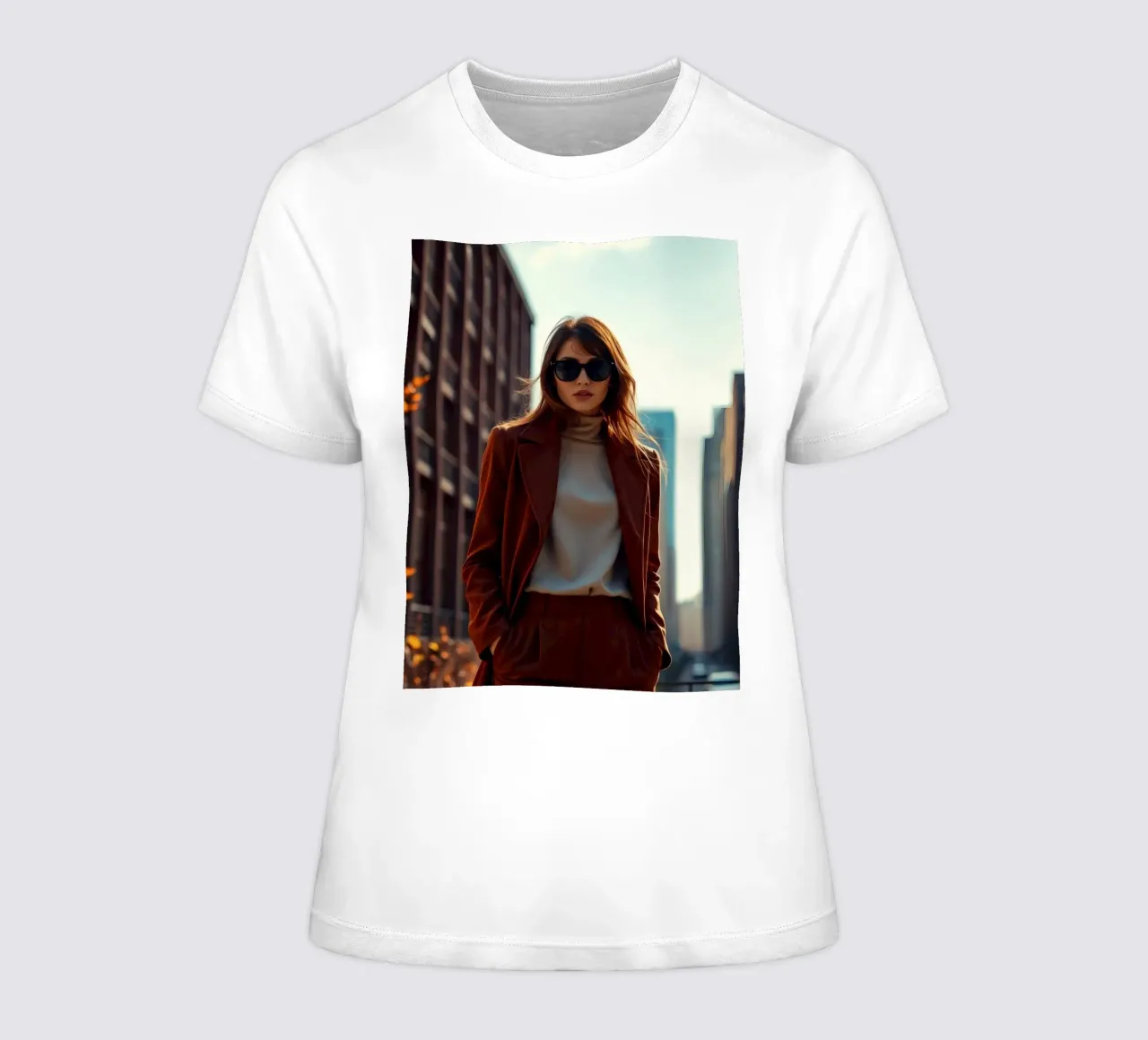Stylish woman in brown outfit stands confidently women's fitted t-shirt by DesignDoodle