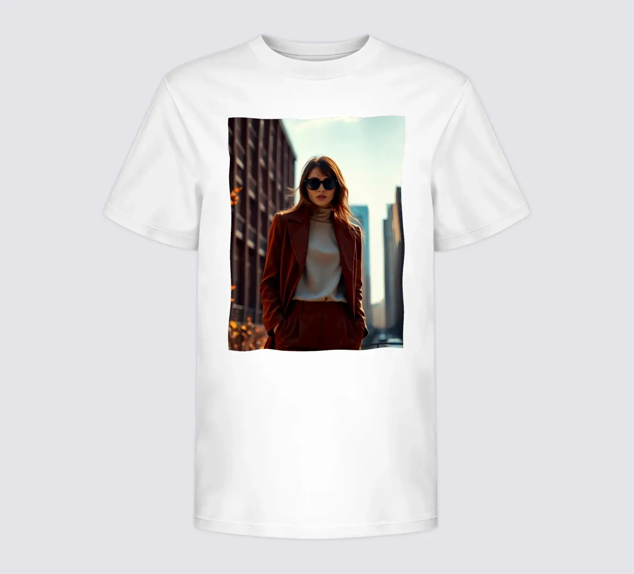 Stilvolle Frau in braunem Outfit steht selbstbewusst Kinder T-Shirt von DesignDoodle