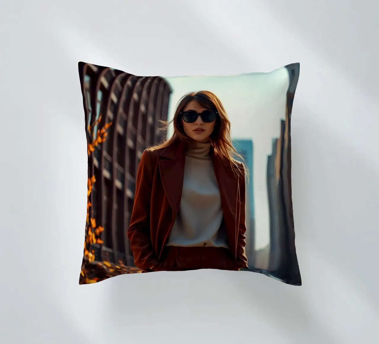 Stylish woman in brown outfit stands confidently decorative cushion by DesignDoodle