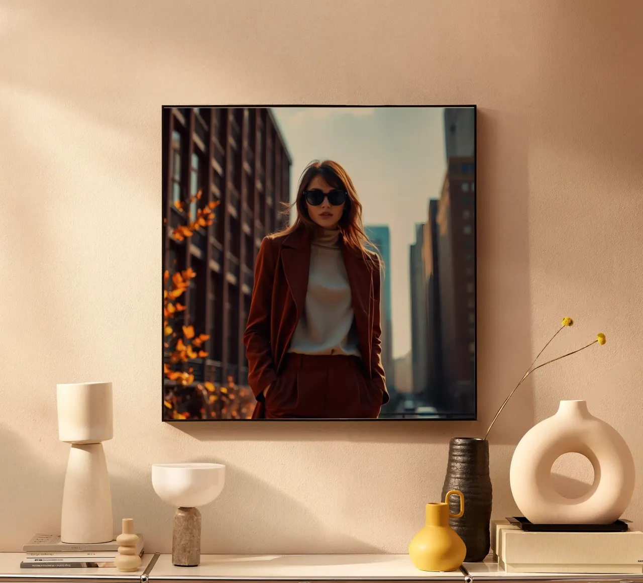 Stylish woman in brown outfit stands confidently acrylic glass by DesignDoodle