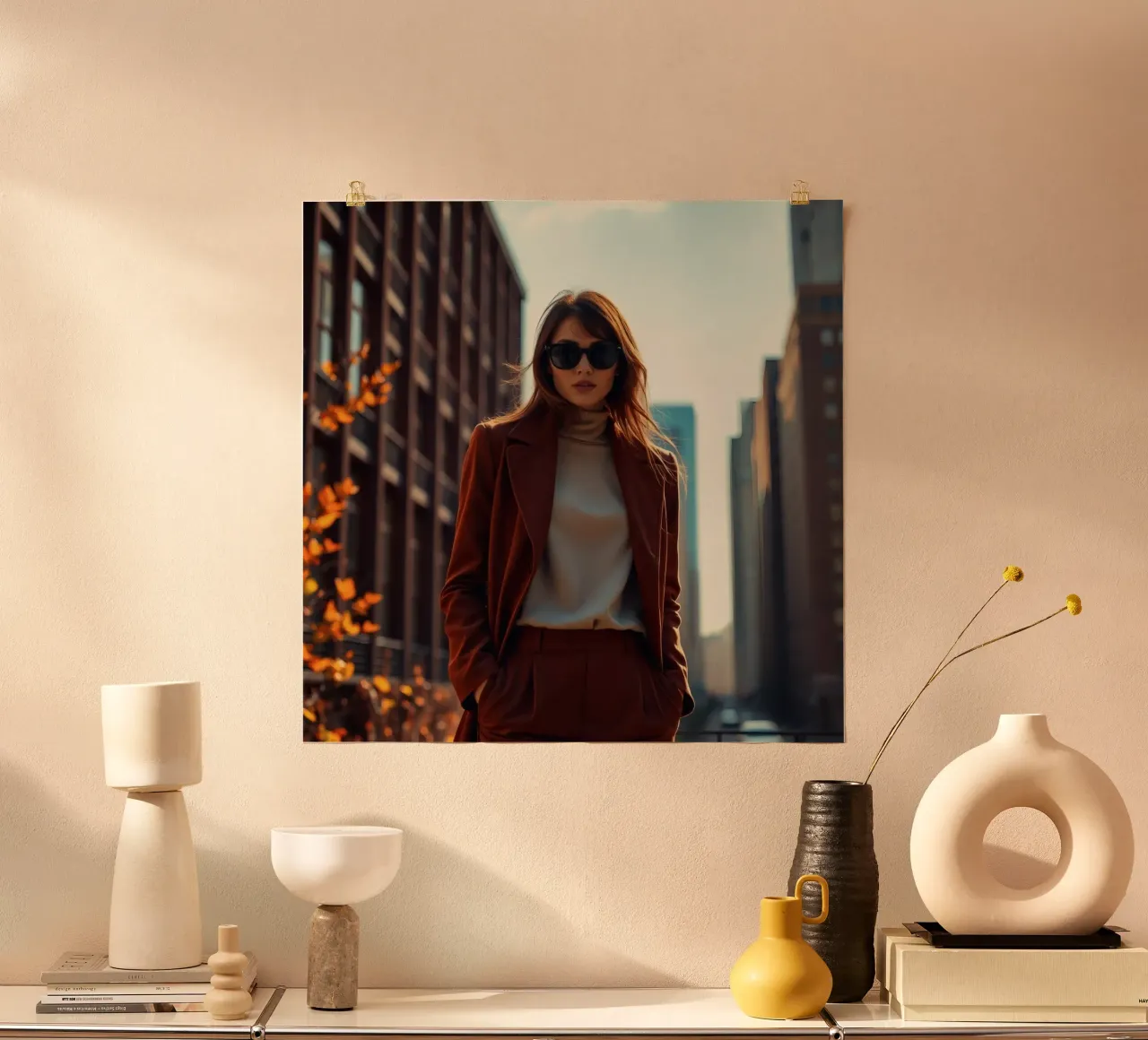 Une femme élégante en tenue brune se tient debout avec assurance hahnemühle de DesignDoodle