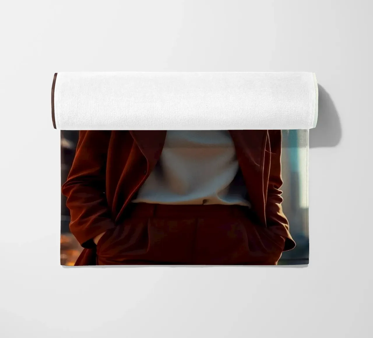 Donna elegante in abito marrone in piedi con sicurezza telo mare da DesignDoodle