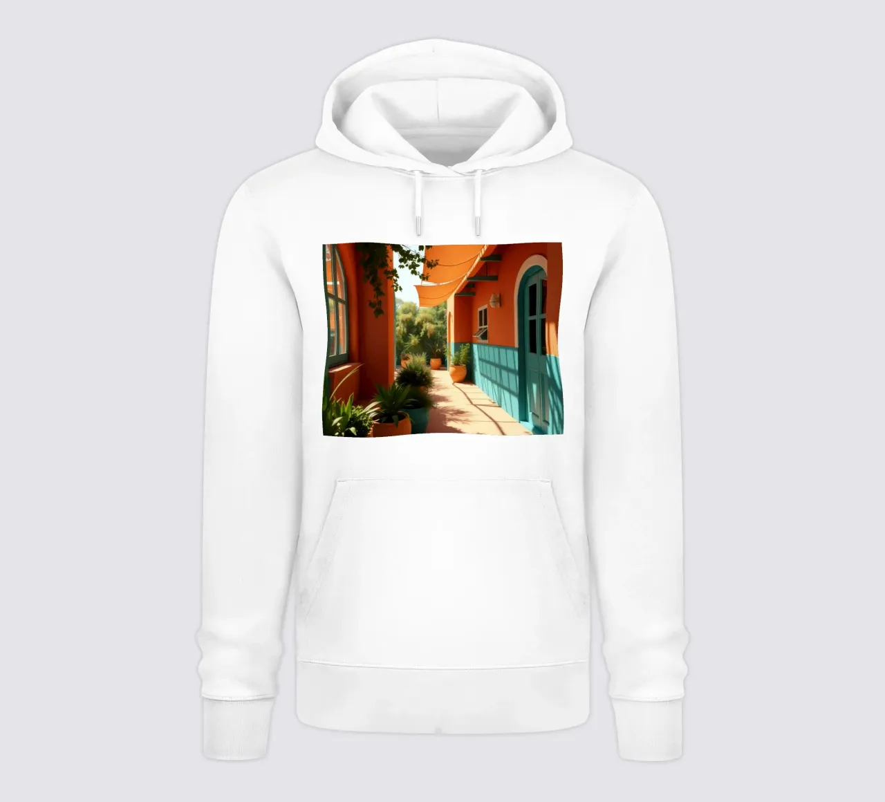 cortile con pareti e piante colorate sotto un cielo soleggiato felpa con cappuccio da DesignDoodle
