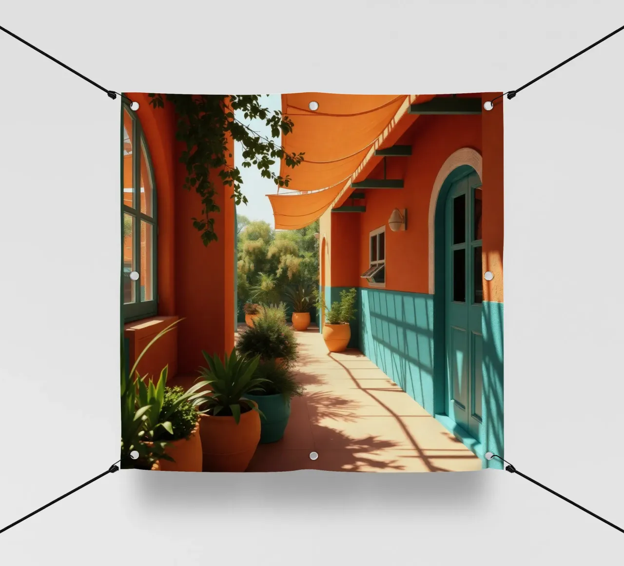 cortile con pareti e piante colorate sotto un cielo soleggiato telo in pvc da DesignDoodle