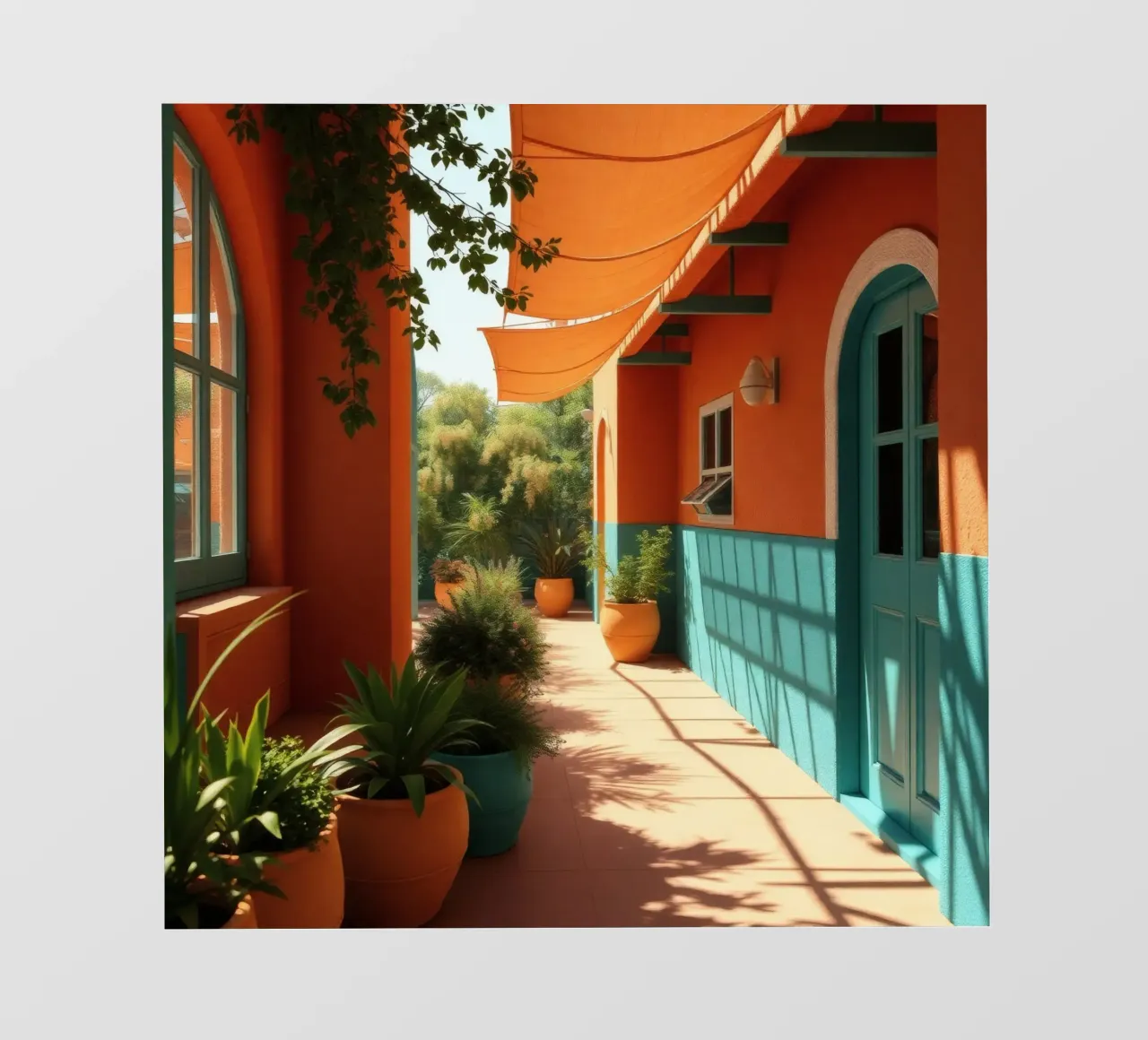 cortile con pareti e piante colorate sotto un cielo soleggiato telo in pvc da DesignDoodle