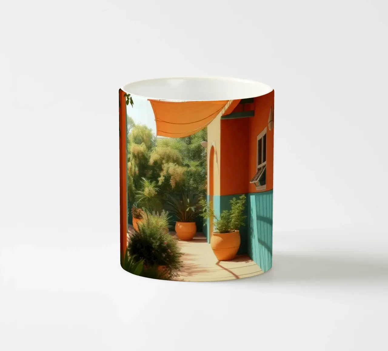 cortile con pareti e piante colorate sotto un cielo soleggiato tazza in ceramica da DesignDoodle