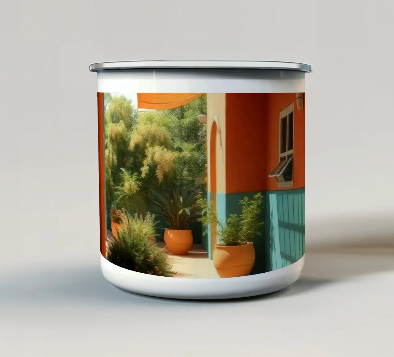 cortile con pareti e piante colorate sotto un cielo soleggiato tazza in smalto da DesignDoodle
