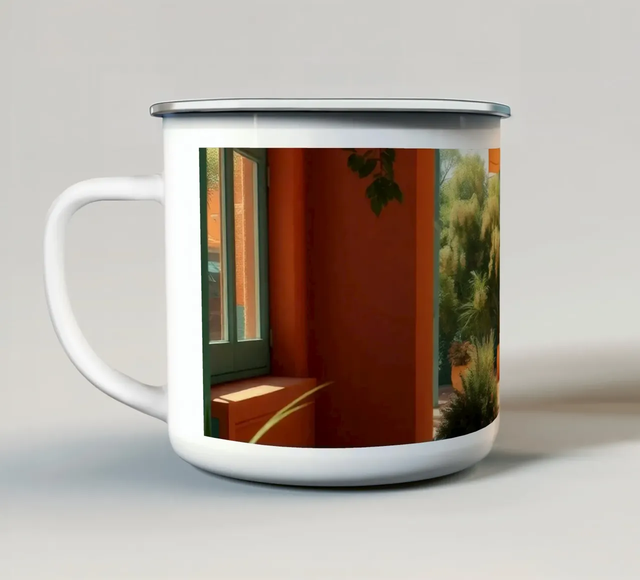 cortile con pareti e piante colorate sotto un cielo soleggiato tazza in smalto da DesignDoodle