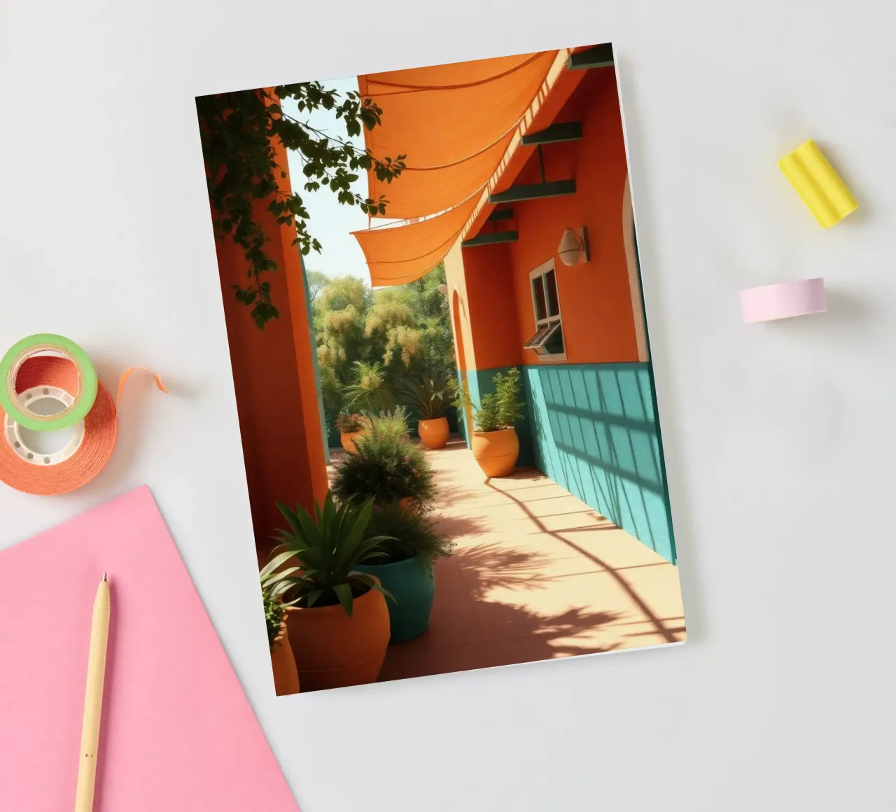 courtyard with colorful walls and plants under sunny sky notebook by DesignDoodle