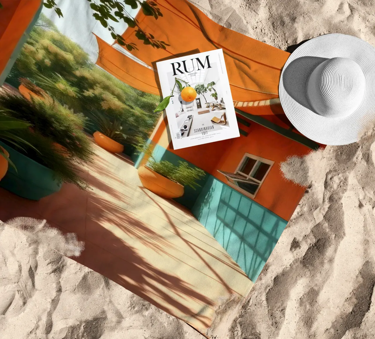 cortile con pareti e piante colorate sotto un cielo soleggiato telo mare da DesignDoodle