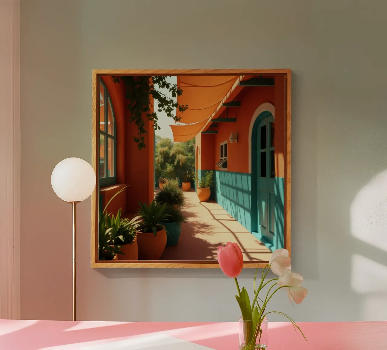 cortile con pareti e piante colorate sotto un cielo soleggiato plexiglass da DesignDoodle