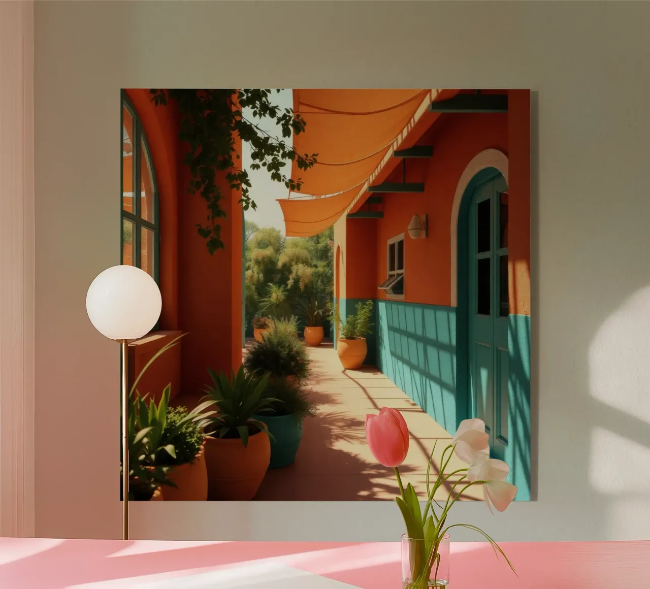 cortile con pareti e piante colorate sotto un cielo soleggiato plexiglass da DesignDoodle