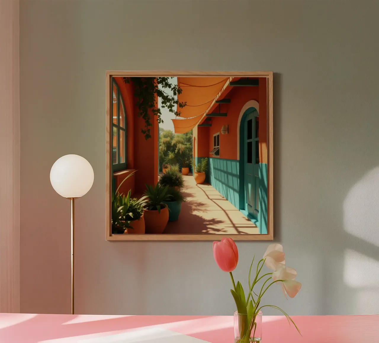 cortile con pareti e piante colorate sotto un cielo soleggiato alluminio dibond da DesignDoodle