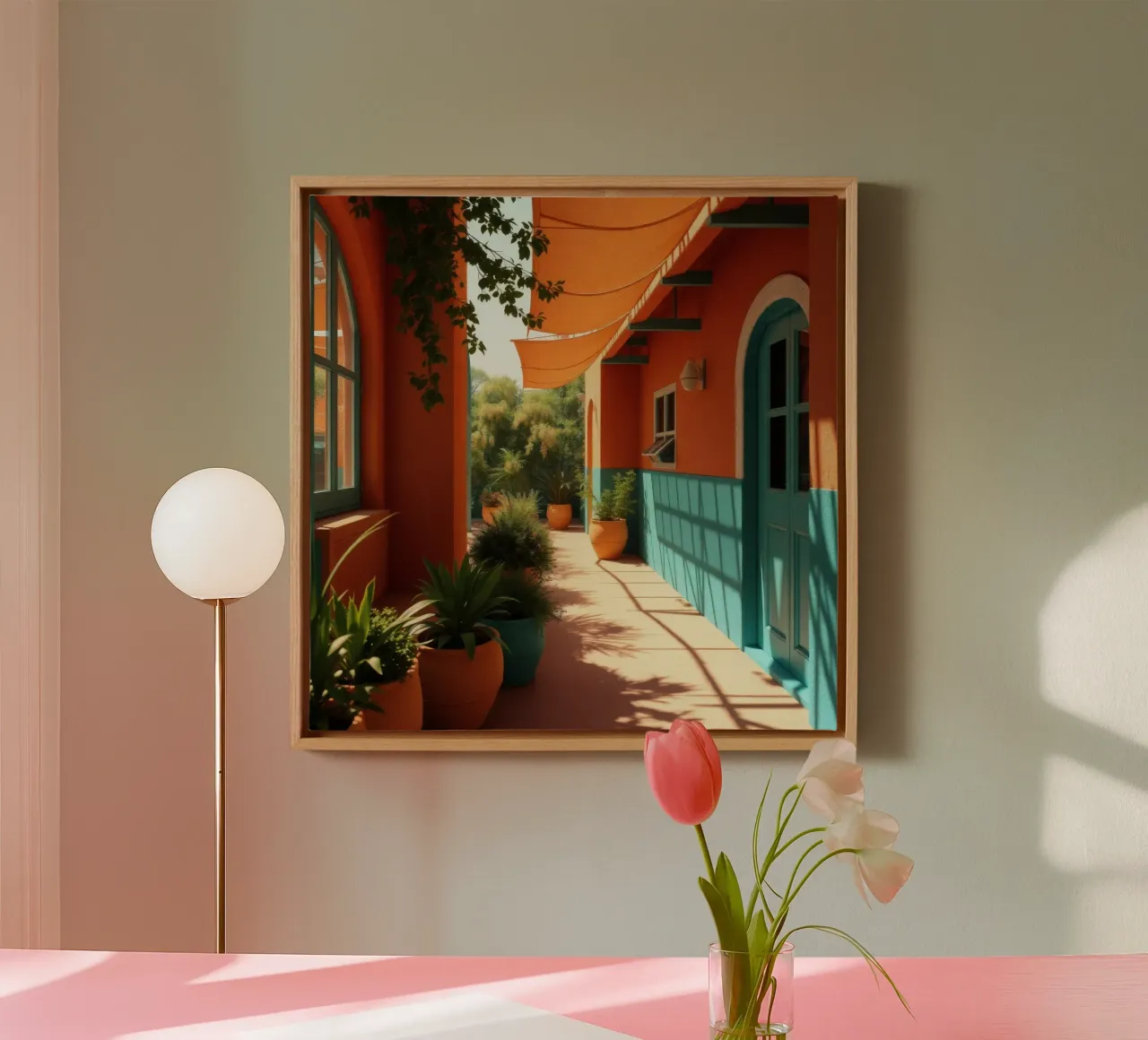cortile con pareti e piante colorate sotto un cielo soleggiato tela con Cornice a cassetta da DesignDoodle