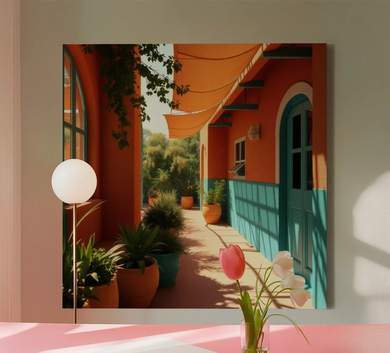 cortile con pareti e piante colorate sotto un cielo soleggiato tela con Cornice a cassetta da DesignDoodle
