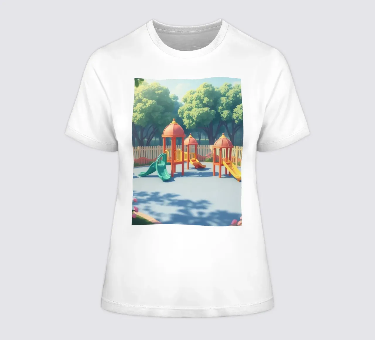 playground filled with colorful slides and play structures women's fitted t-shirt by DesignDoodle