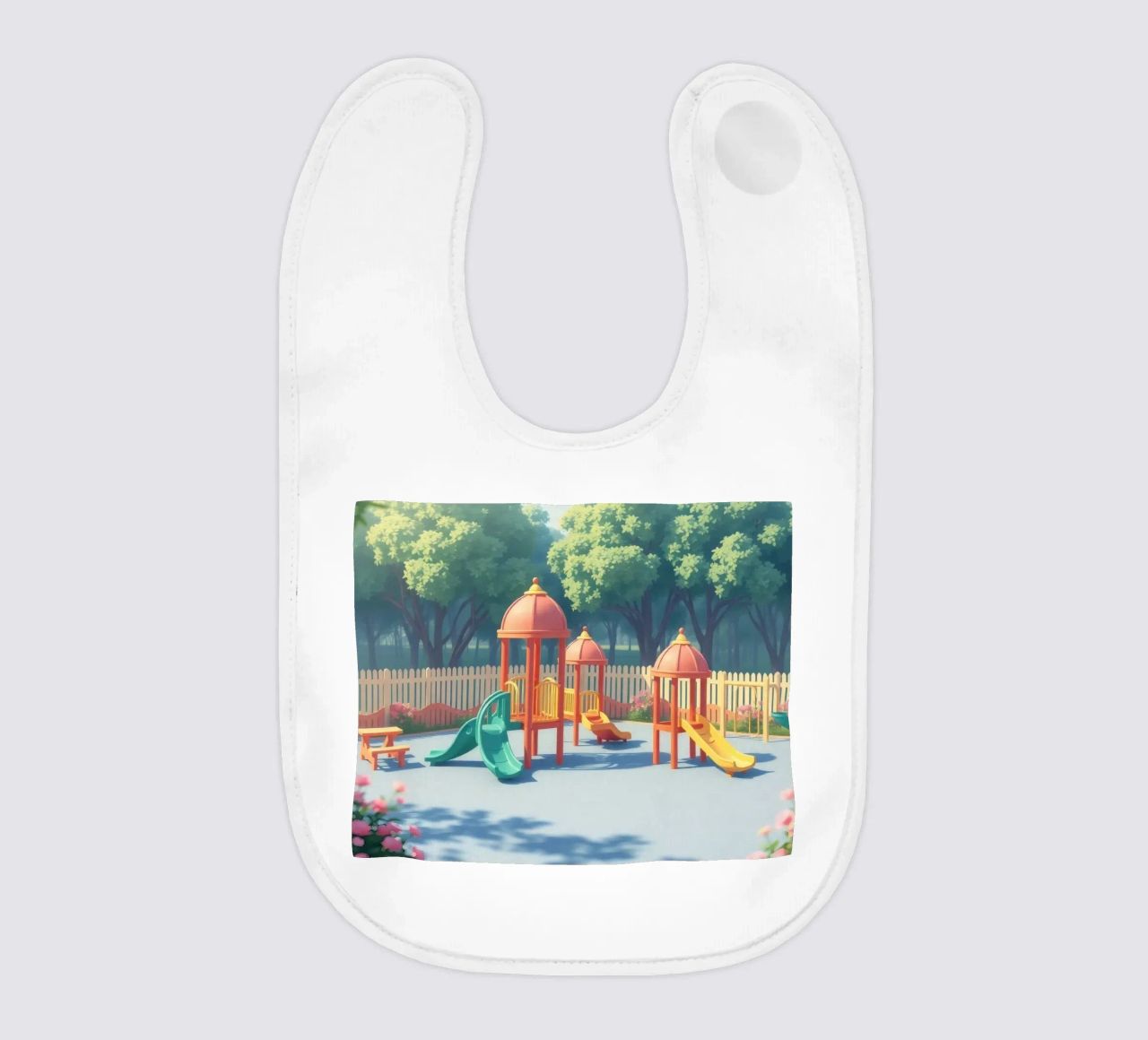zona de juegos repleta de toboganes de colores y estructuras de juego babero de DesignDoodle