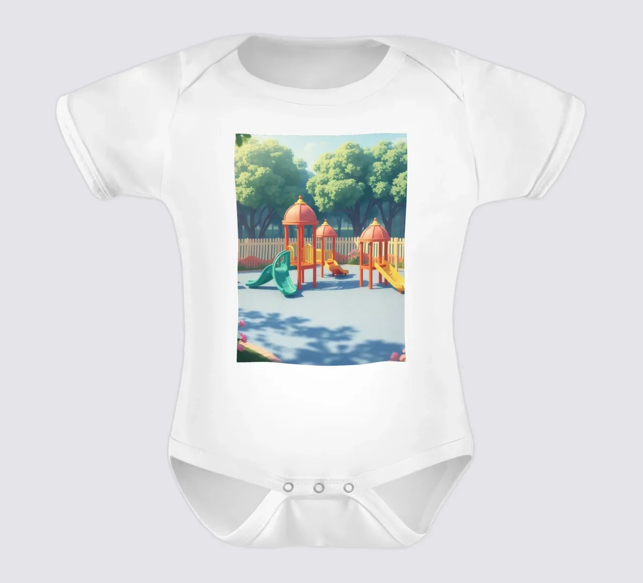 playground filled with colorful slides and play structures short-sleeve baby romper by DesignDoodle