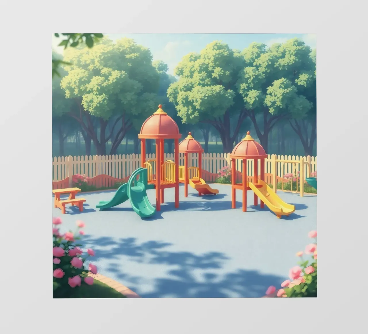 playground filled with colorful slides and play structures backlit film by DesignDoodle