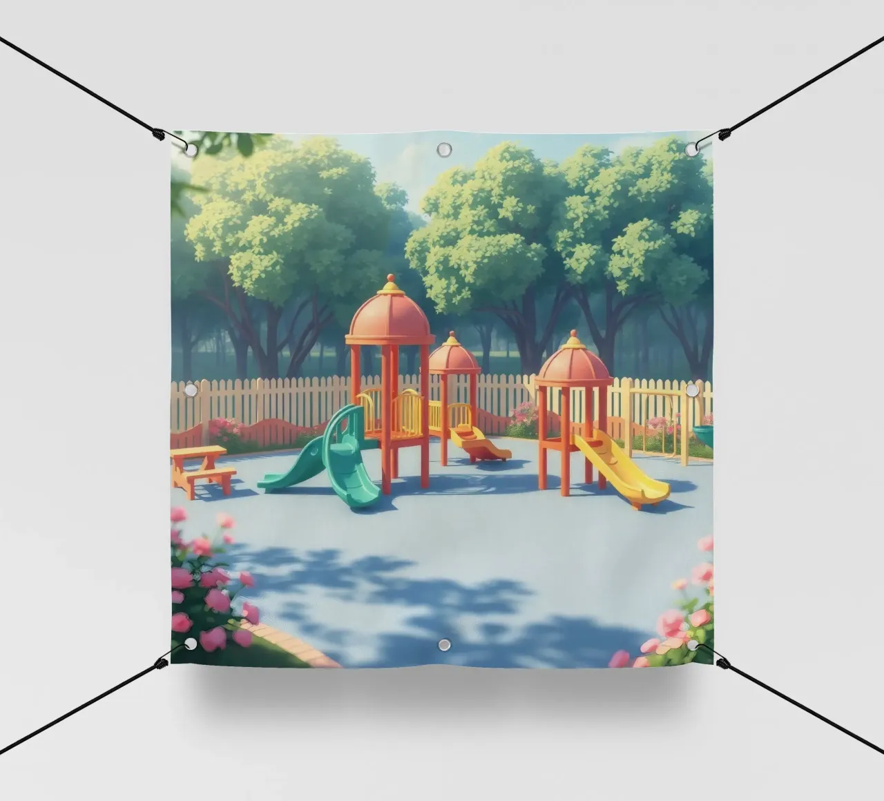 parco giochi pieno di scivoli colorati e strutture di gioco telo in pvc da DesignDoodle