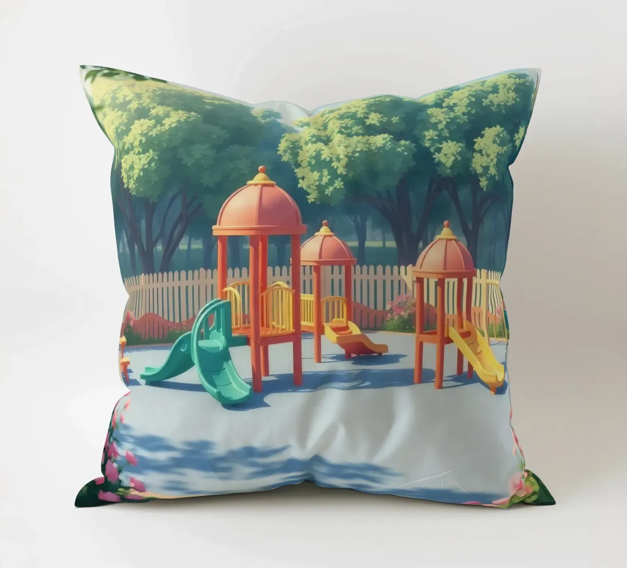 parco giochi pieno di scivoli colorati e strutture di gioco cuscino da DesignDoodle